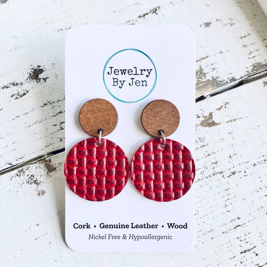 Wood Stud Earrings: Berry Red Weave