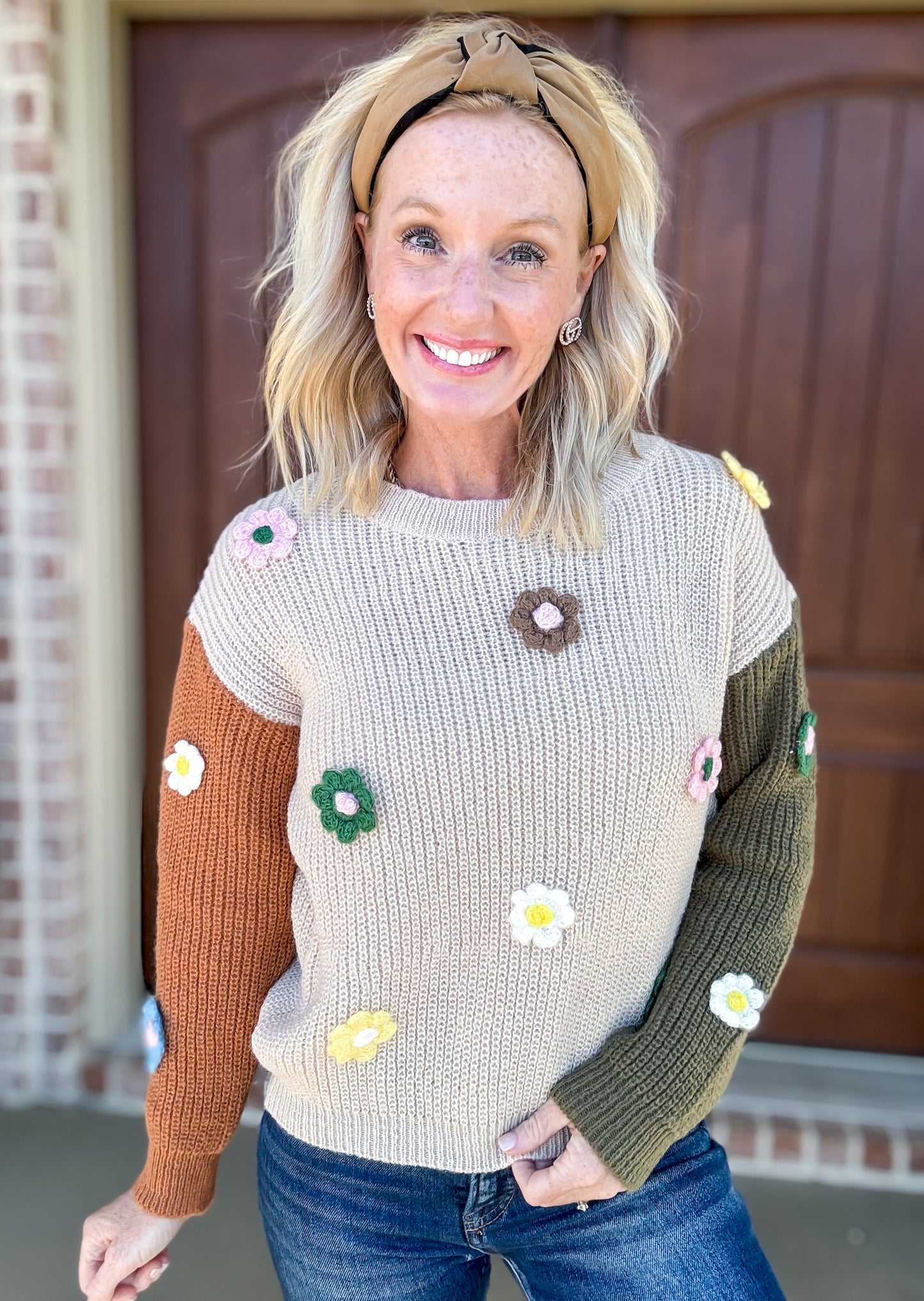 Flower Crochet Color Block Sweater