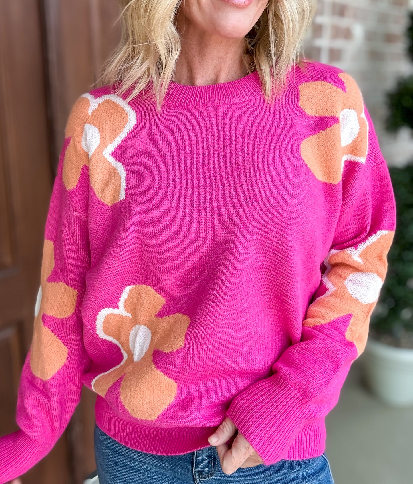 Floral Retro Vibes Sweater-- Hot Pink