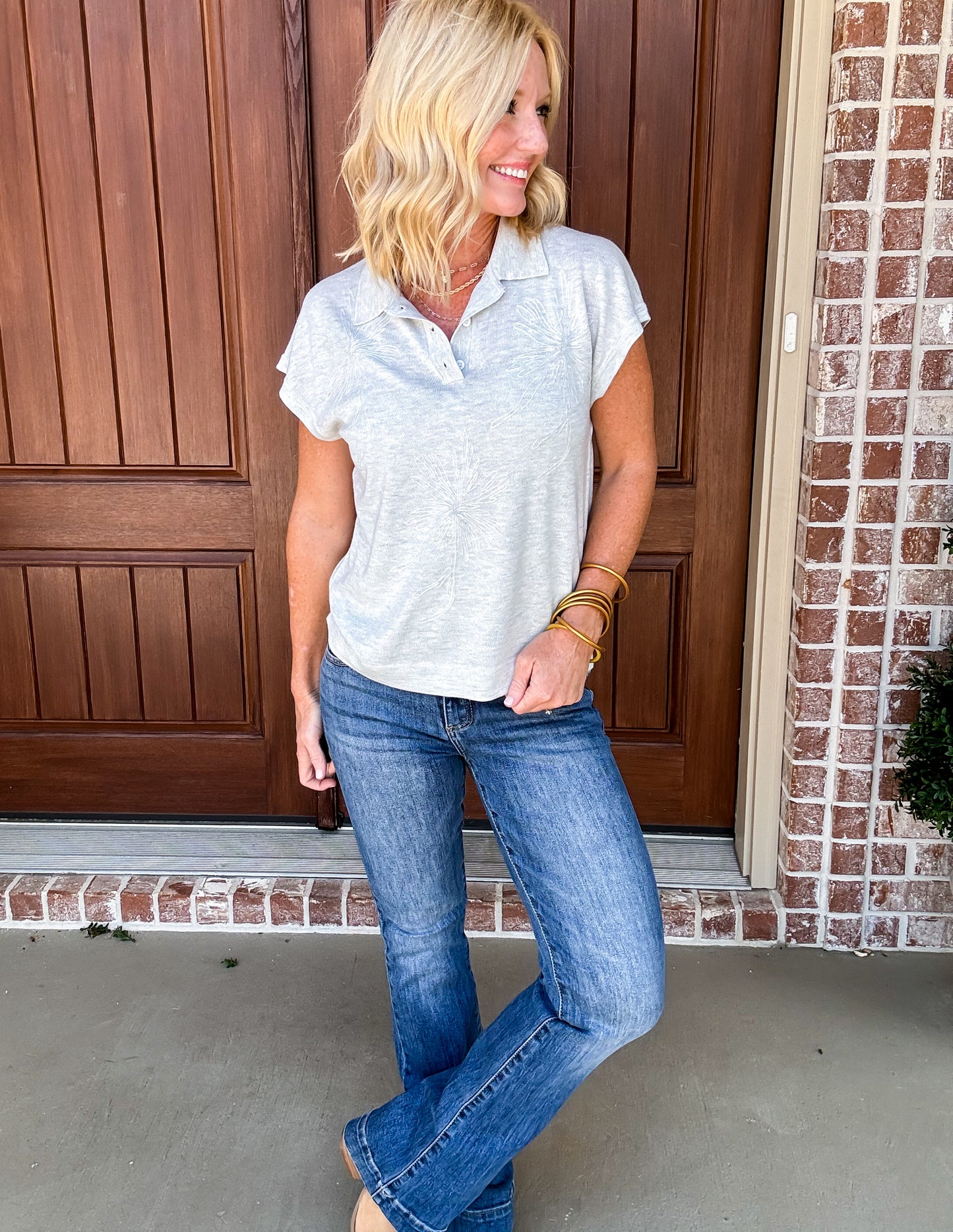 Floral Embroidered Henley Sweater -- Grey