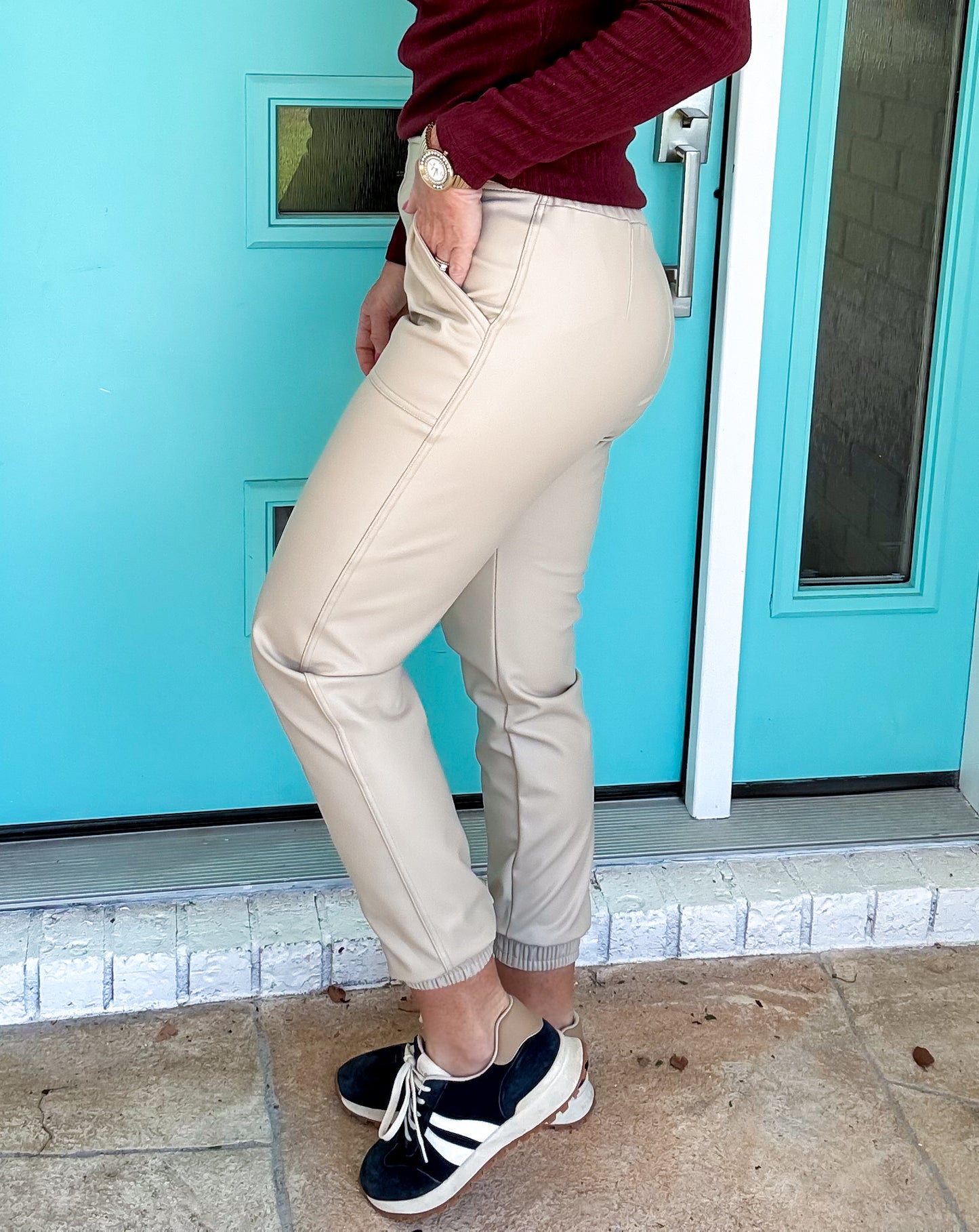 Vegan Leather Joggers -- Taupe