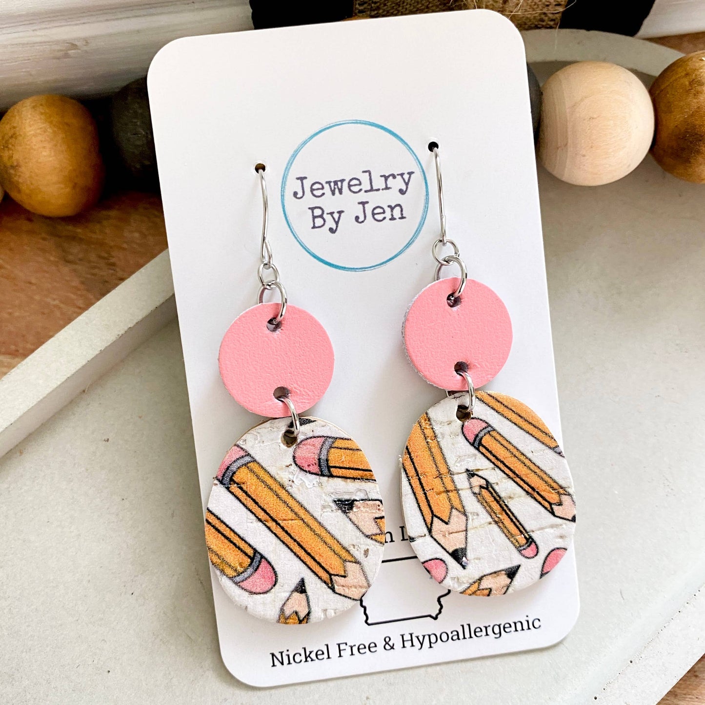 Eraser Pink & Pencils Rounded Square Earrings