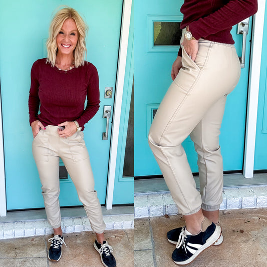 Vegan Leather Joggers -- Taupe