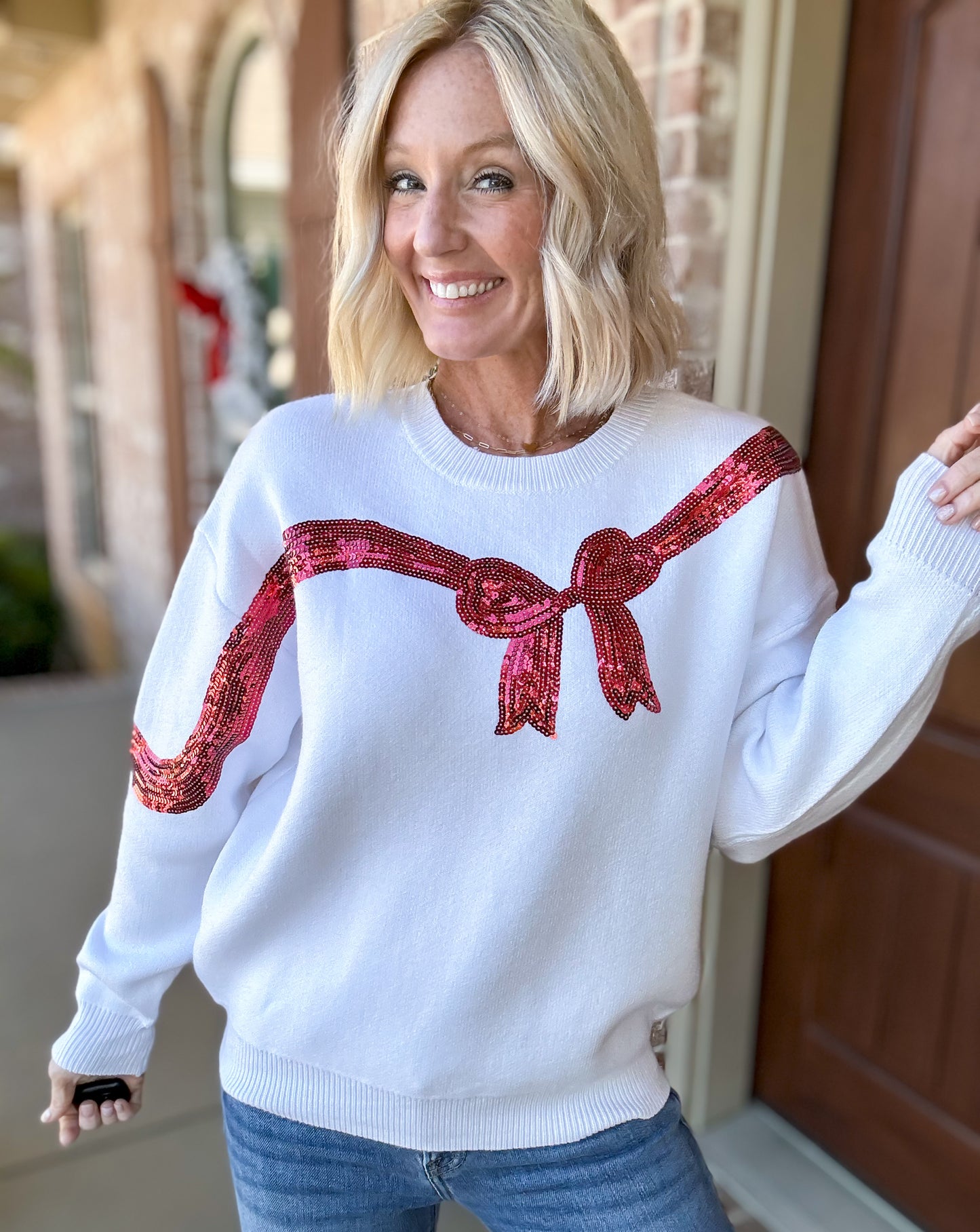 Christmas Gift Bow Sequin Trim Sweater