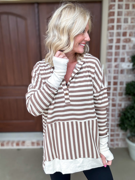 Mocha Latte Striped Half Button Hoodie