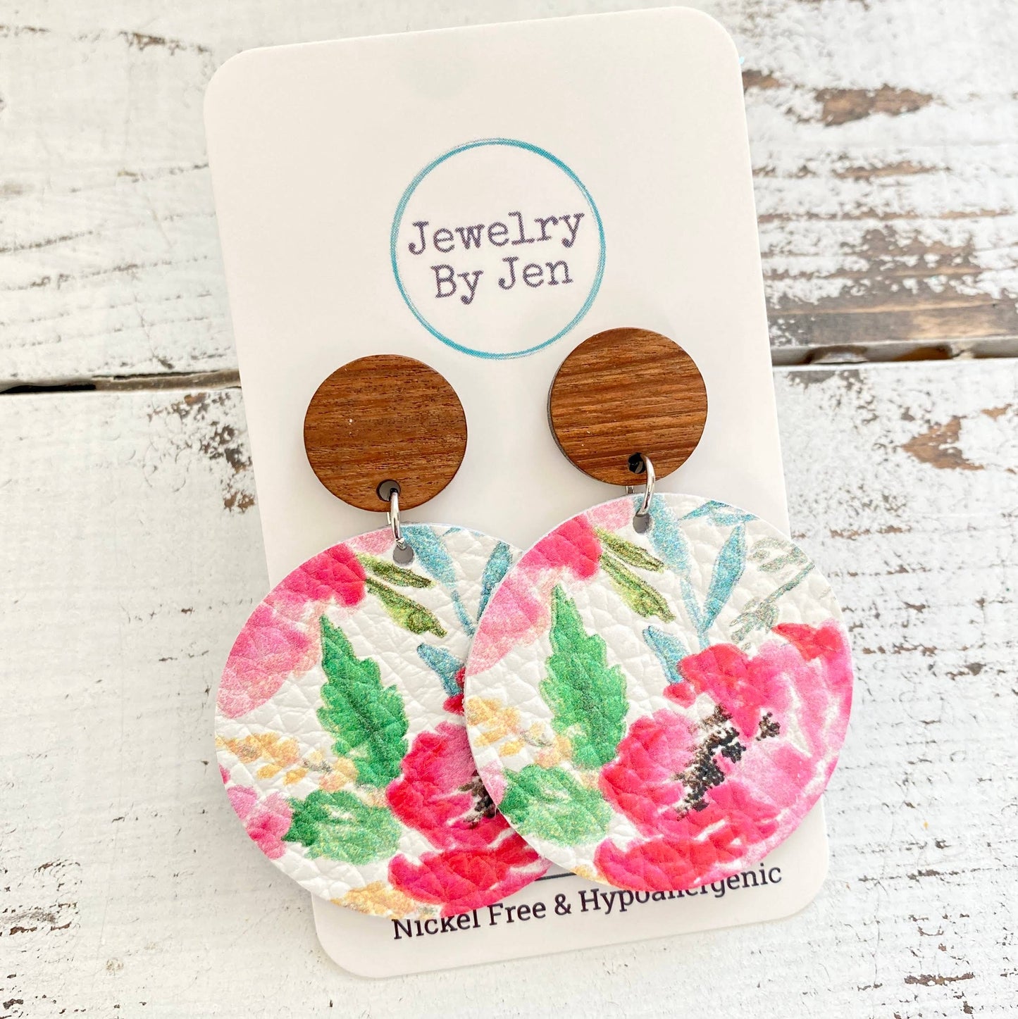 Wood Stud Earring: Watercolor Peonies & Roses