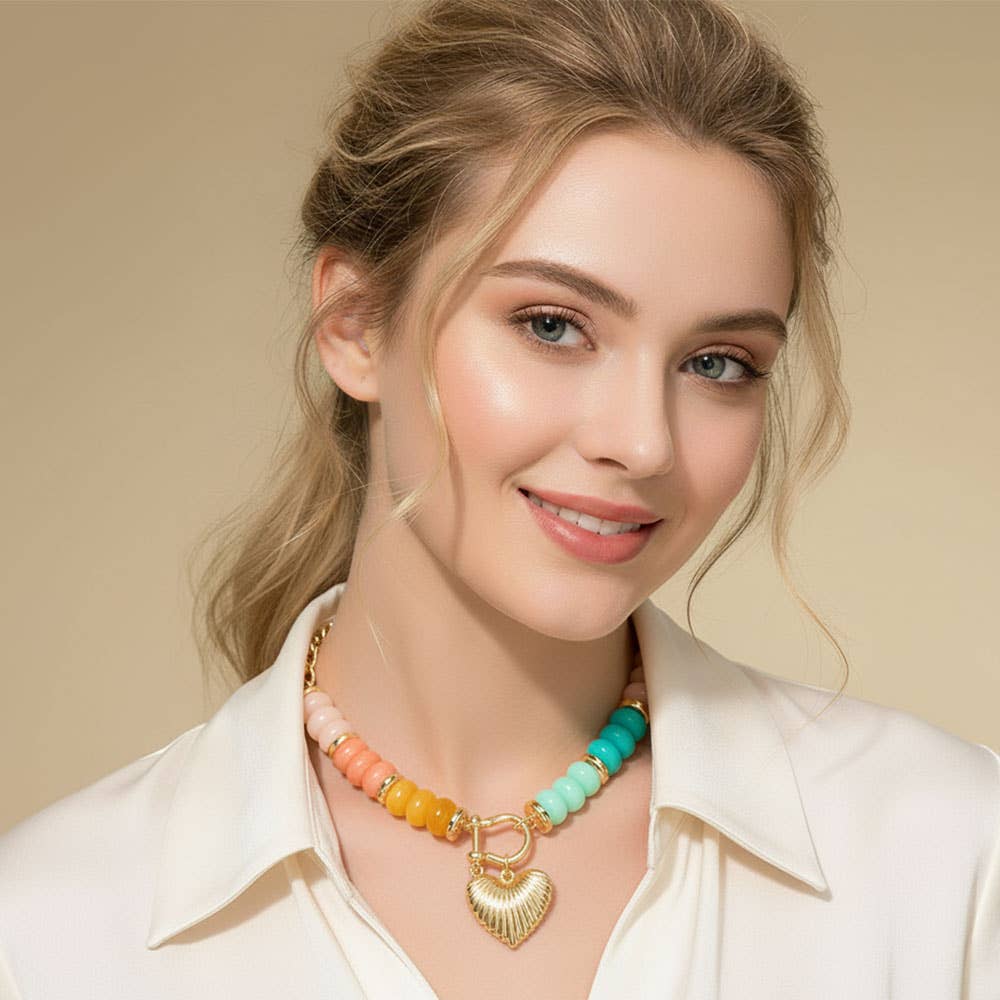 Textured Metal Heart Carabiner Pendant Colorful Chunky Beaded Statement Necklace
