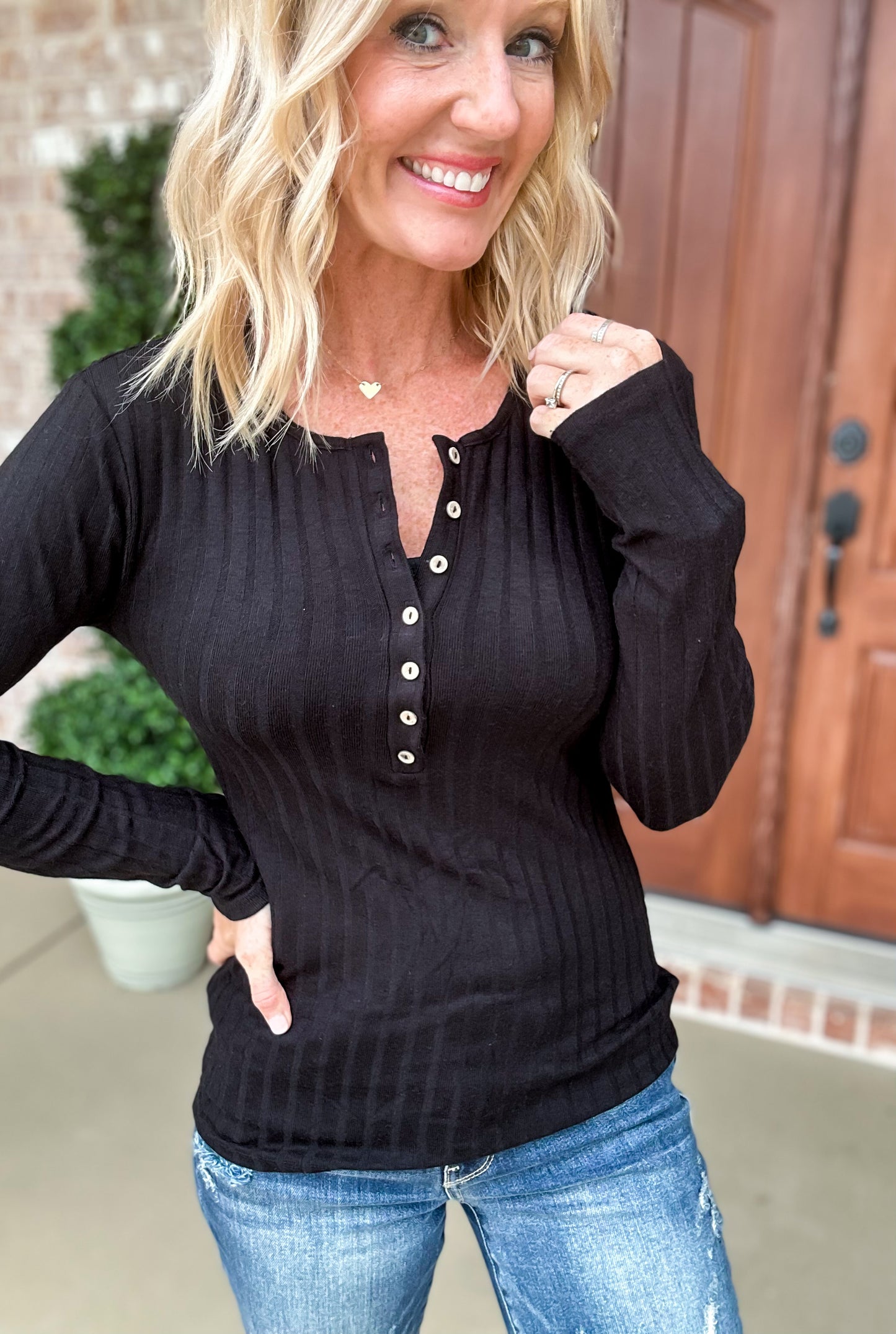 Ribbed Long Sleeve Henley in Black