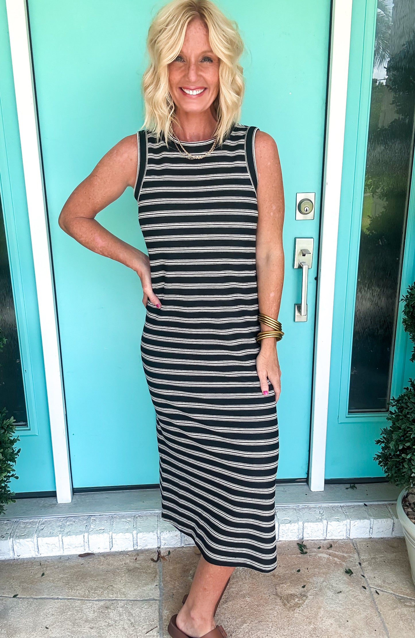 Chic Stripe Button Back Midi Dress