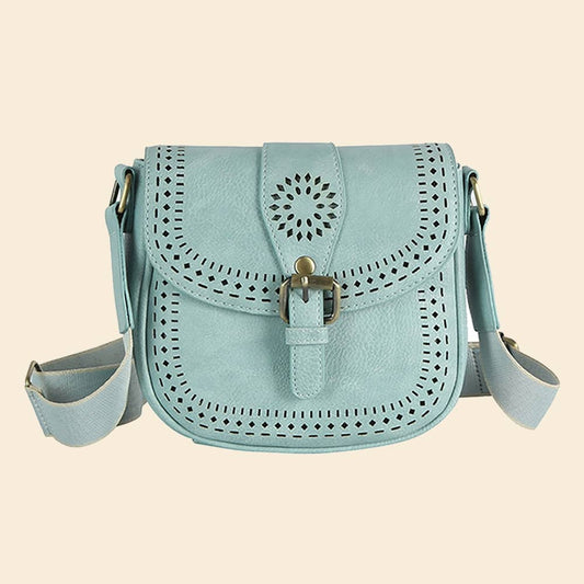 Laser Cut Printed Buckle Flap Crossbody Bag
