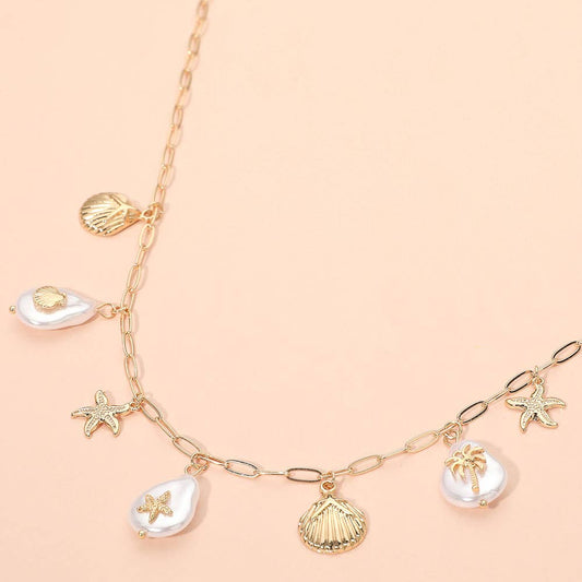 Starfish Shell Palm Tree Pearl Charm Station Paperclip Chain Necklace