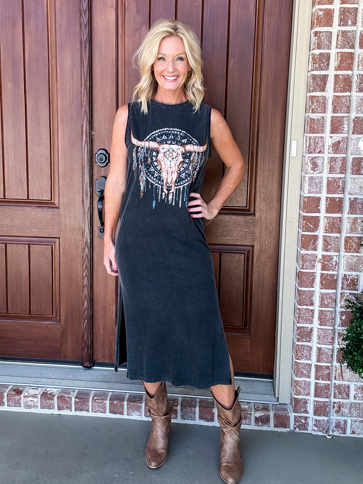 Dreamcatcher Longhorn Vintage Tank Dress in Black