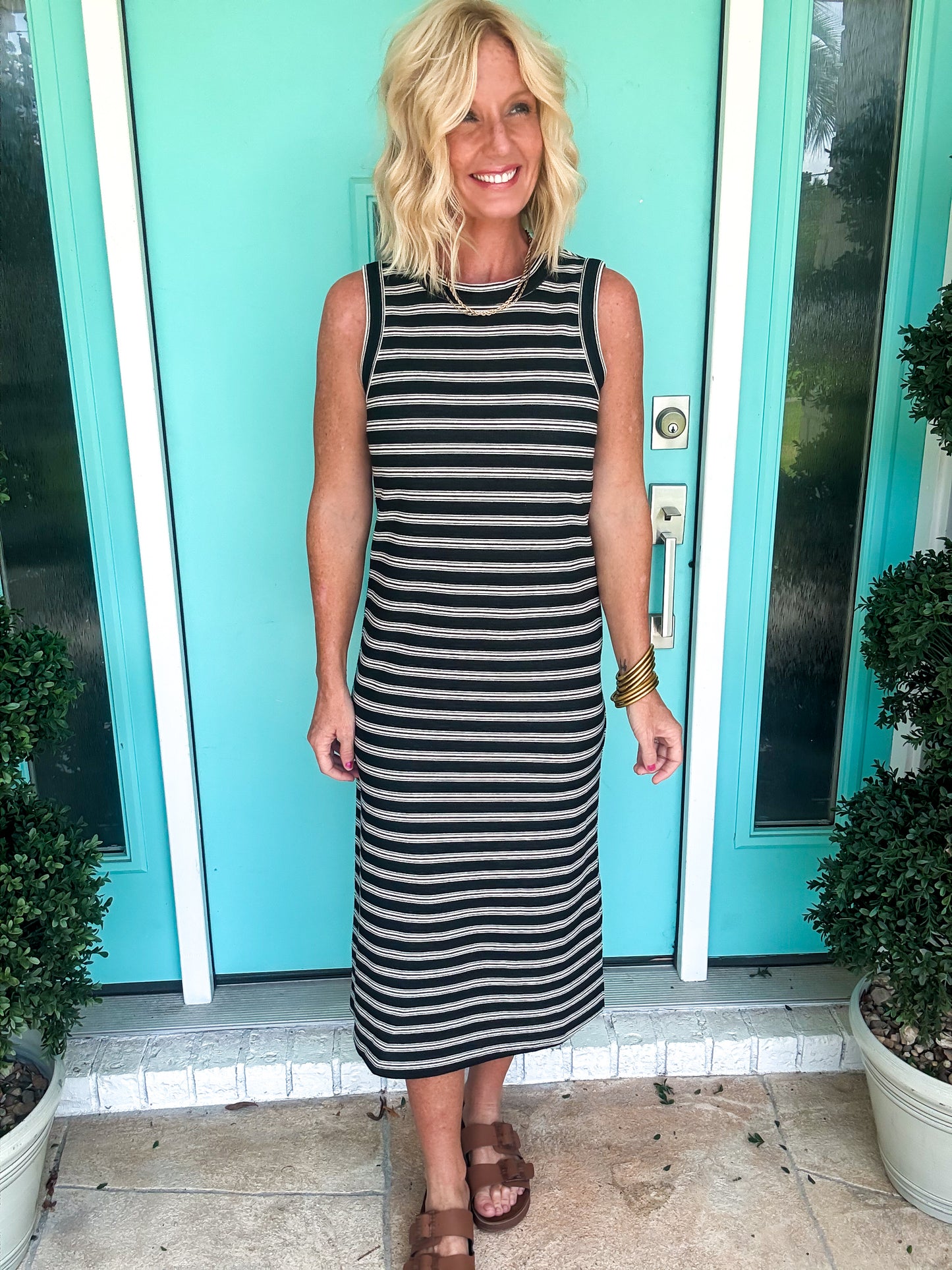 Chic Stripe Button Back Midi Dress