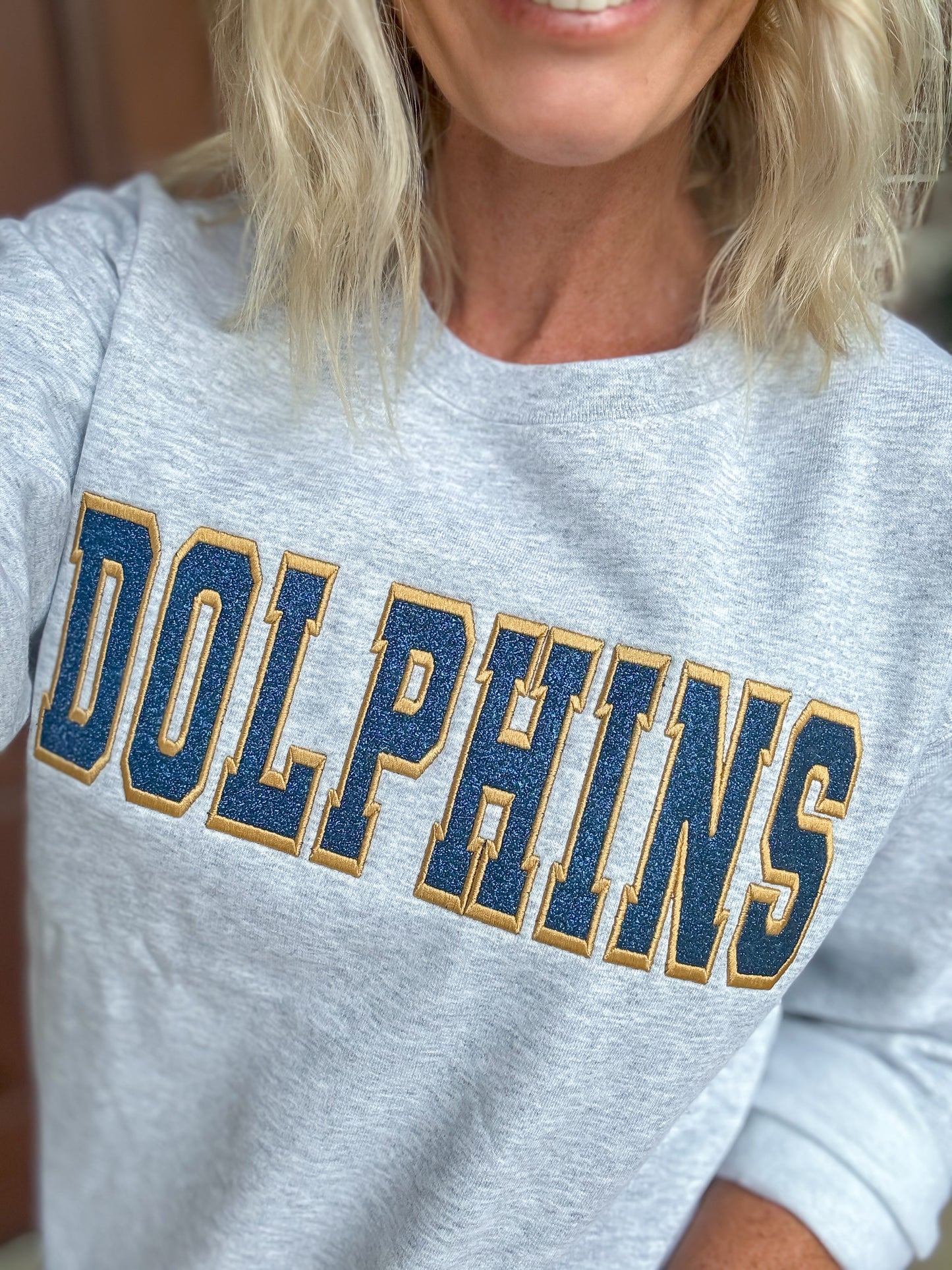 Dolphins Glitter Embroidered Patch Sweatshirt