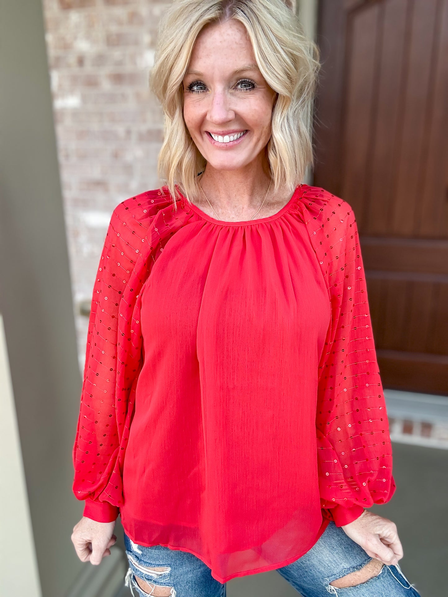 Festive Flare Chiffon Blouse in Red