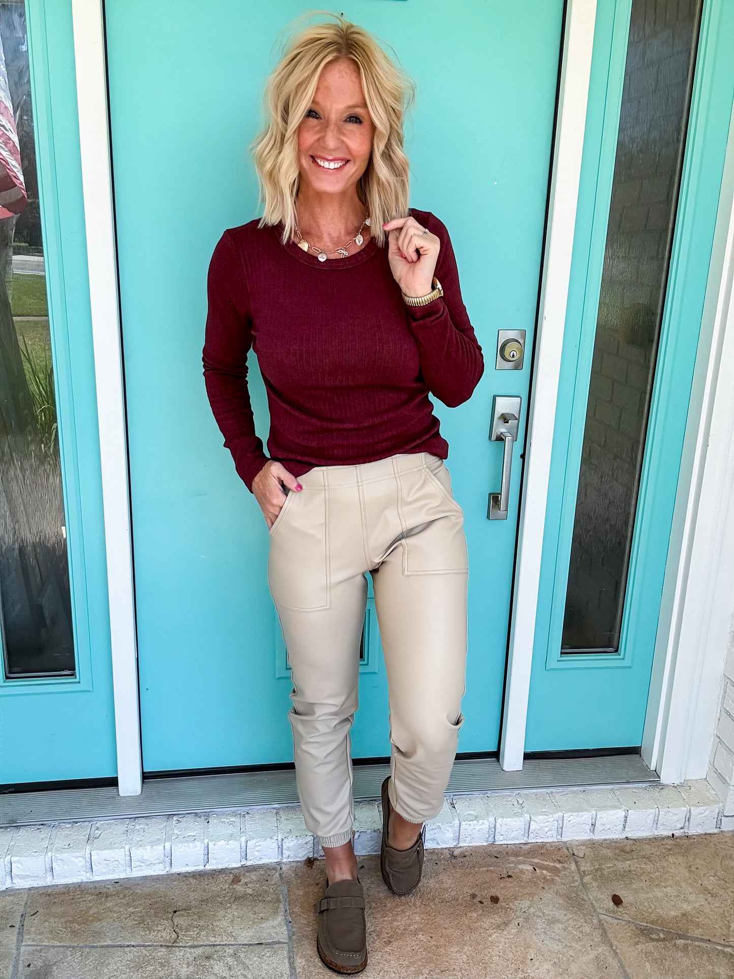 Vegan Leather Joggers -- Taupe