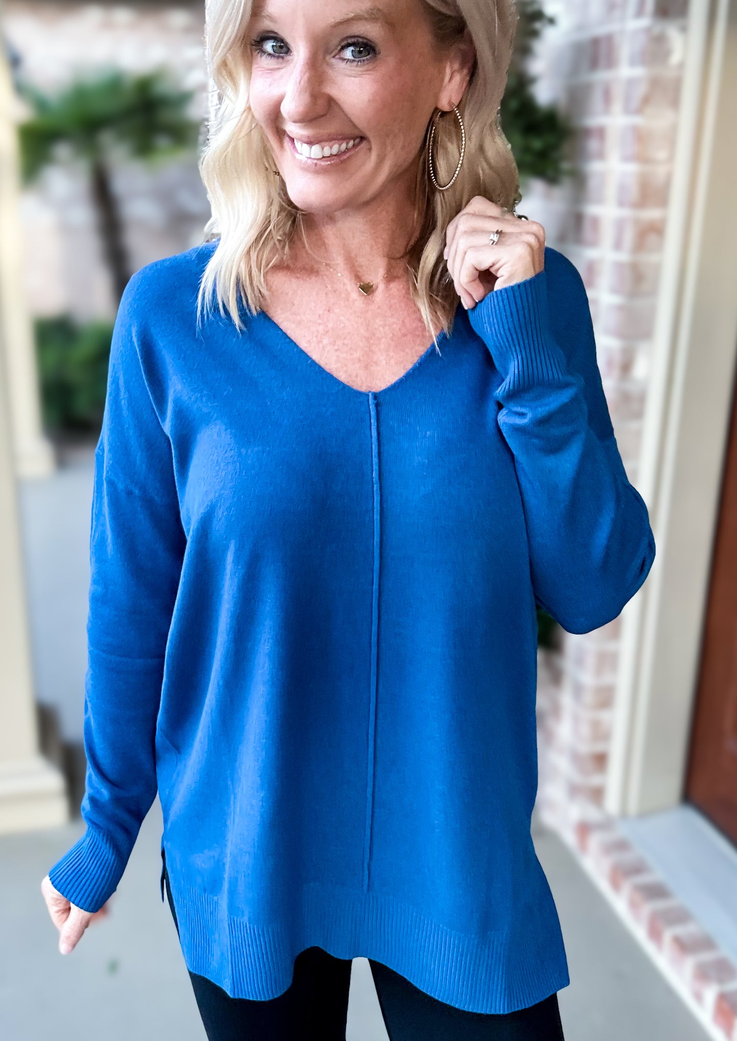 V-Neck Front Seam Sweater in Heather Classic Blue