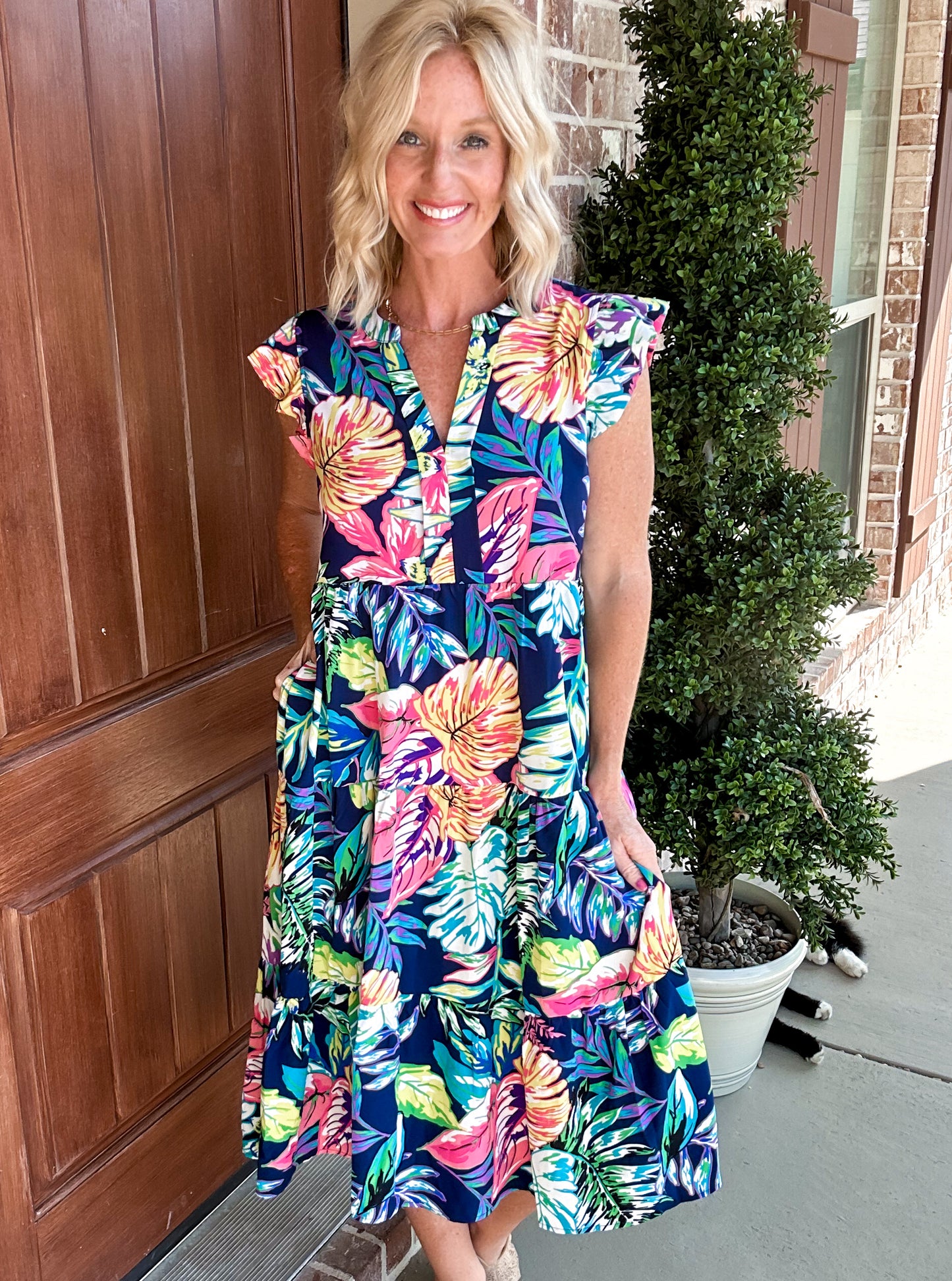 Tropical Print Tiered Dress — Navy