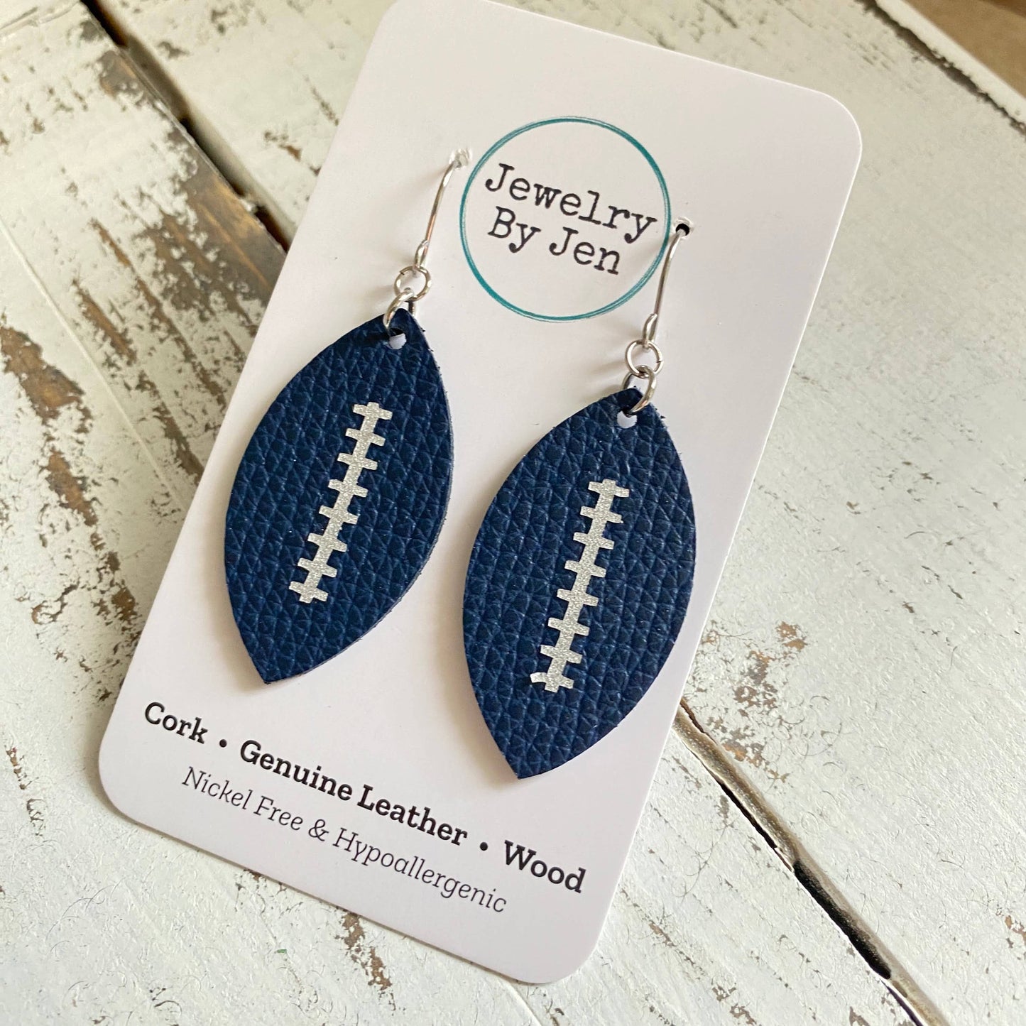 Football Earrings (Medium): Navy w/Silver Stitches