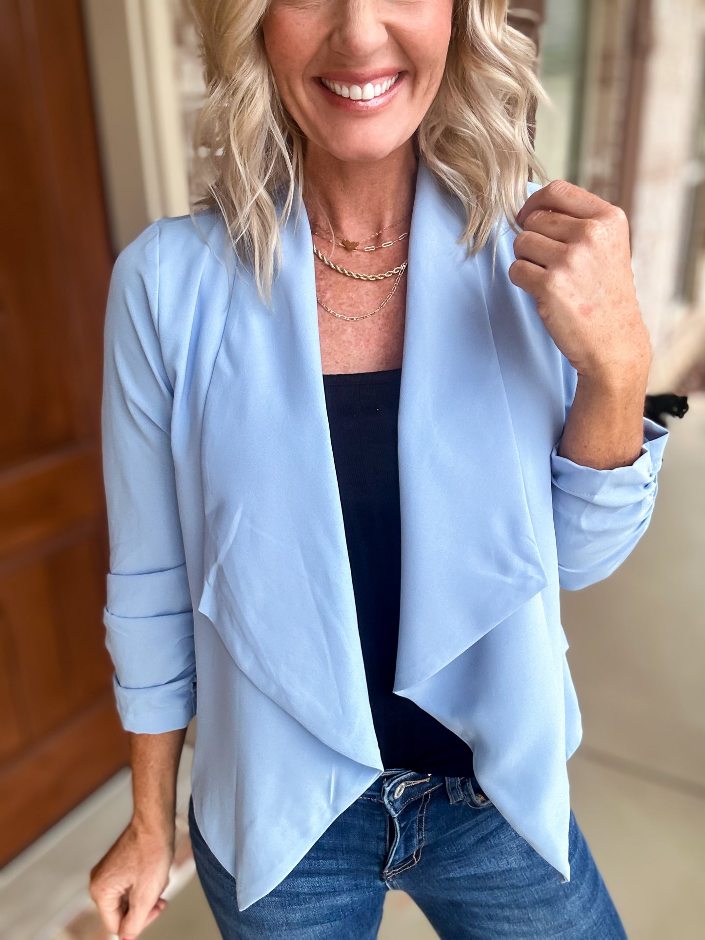 3/4 Rouched Sleeve Blazer -- Chambray