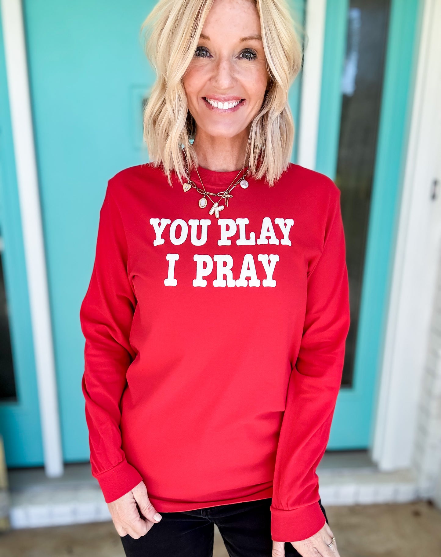 You Play I Pray Red Puff LS Tee