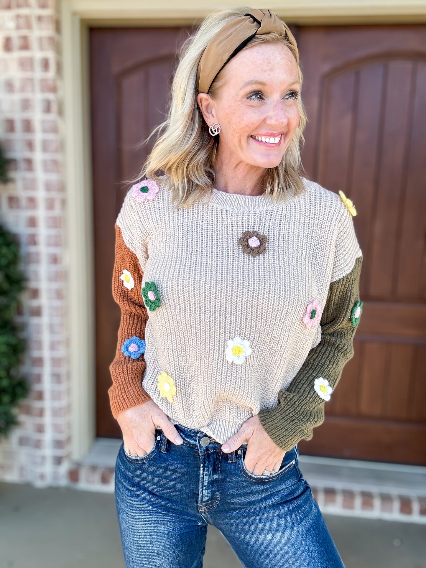 Flower Crochet Color Block Sweater