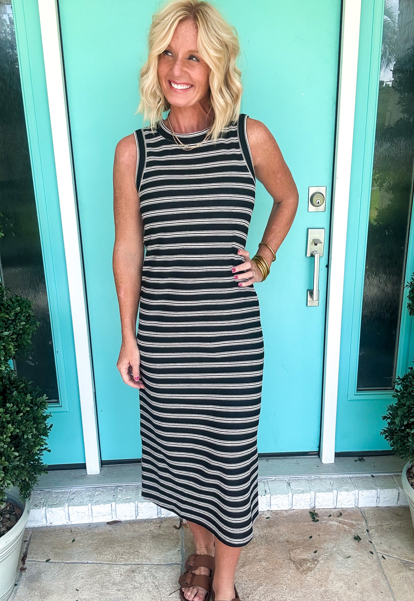 Chic Stripe Button Back Midi Dress