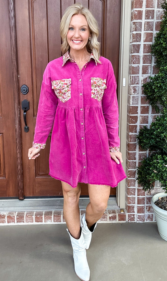 Washed Floral Cotton Button Up Dress - Magenta