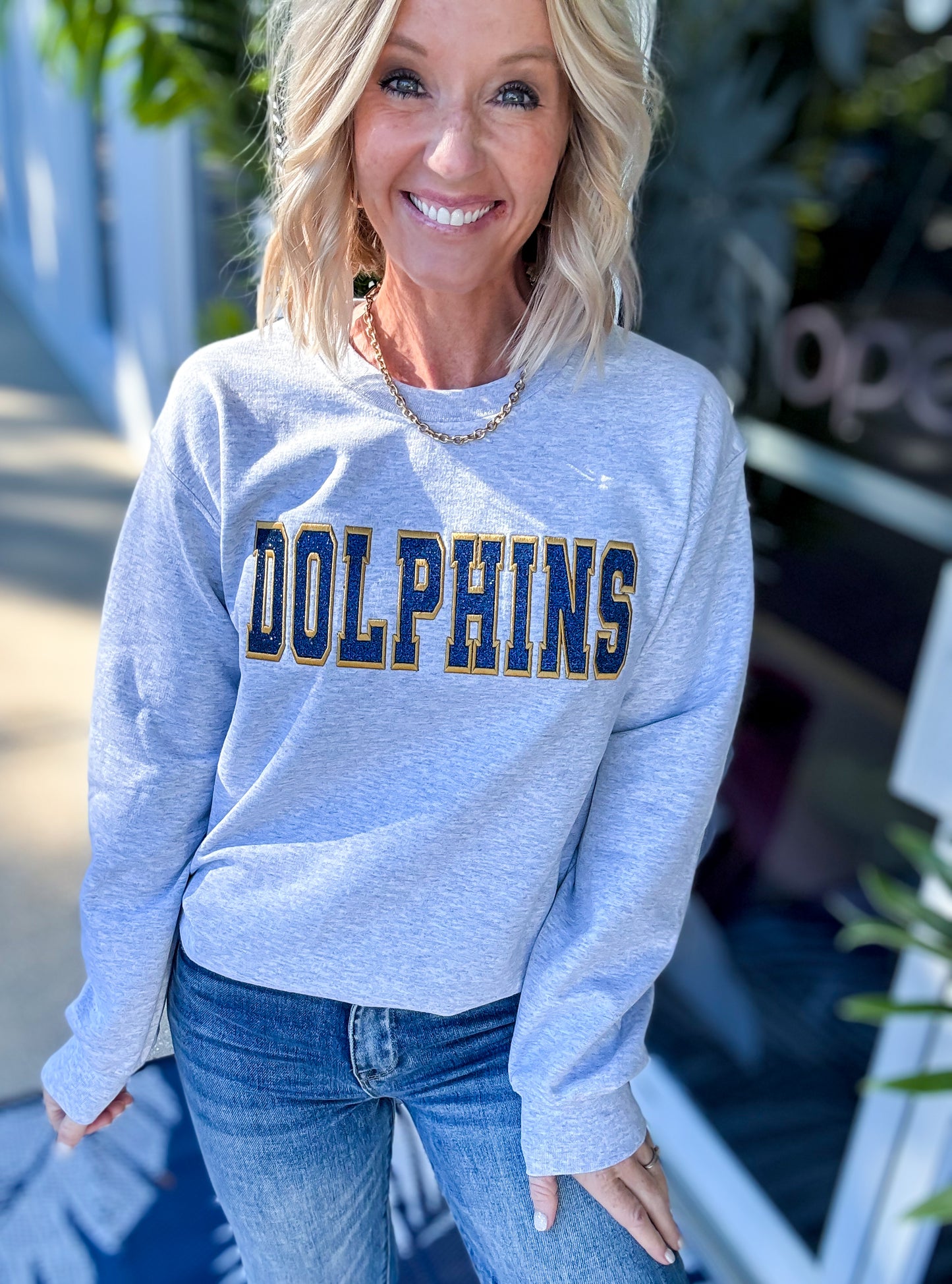 Dolphins Glitter Embroidered Patch Sweatshirt