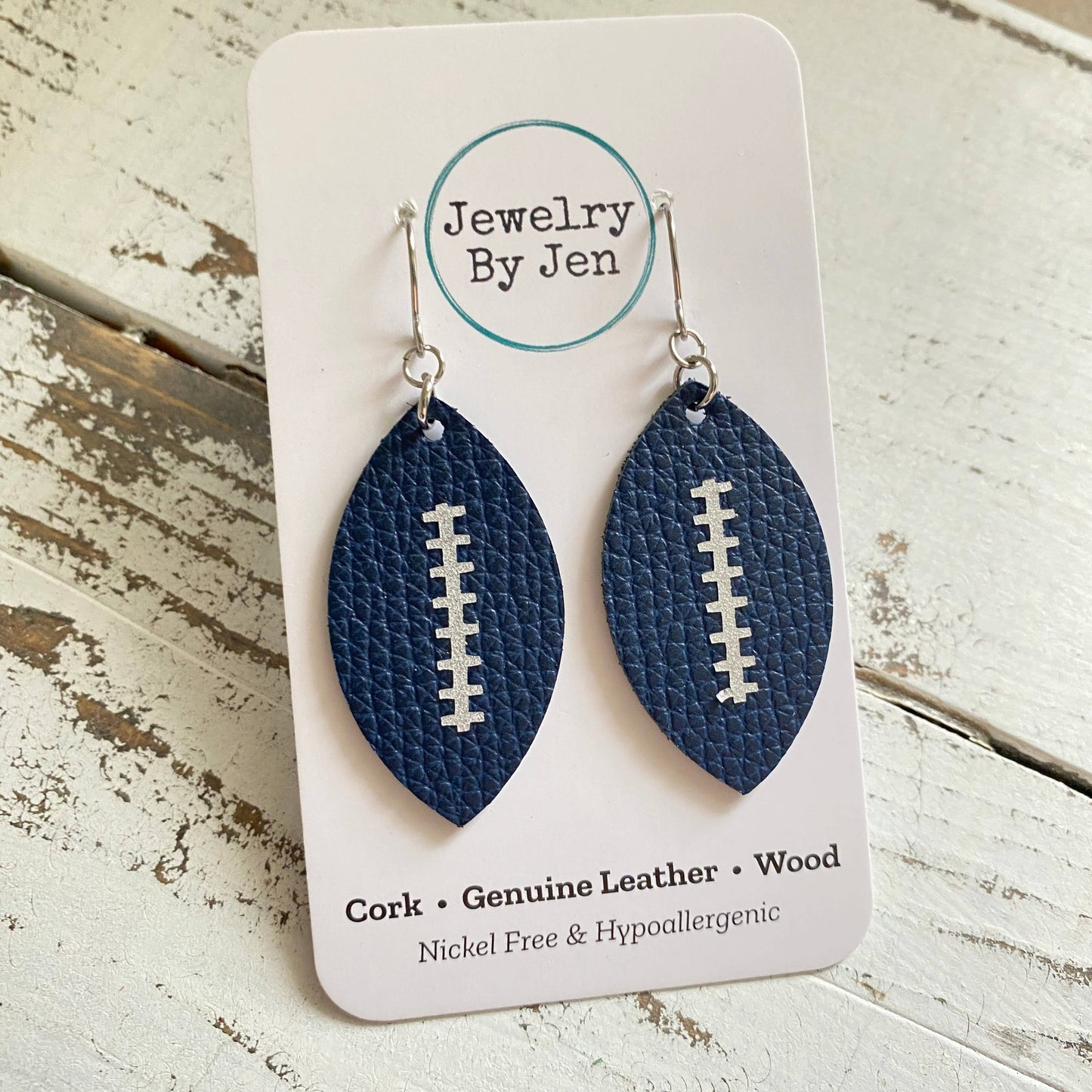 Football Earrings (Medium): Navy w/Silver Stitches