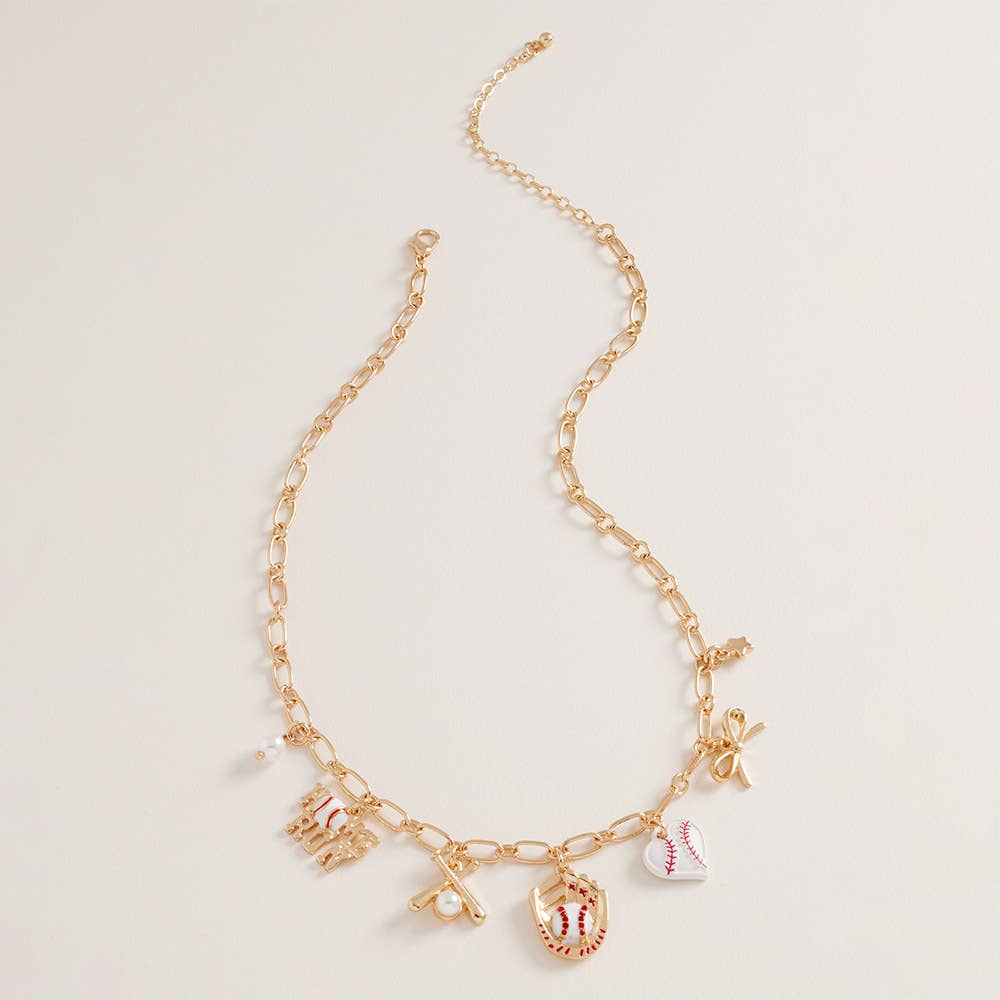 Baseball Pearl Bow Charm Necklace