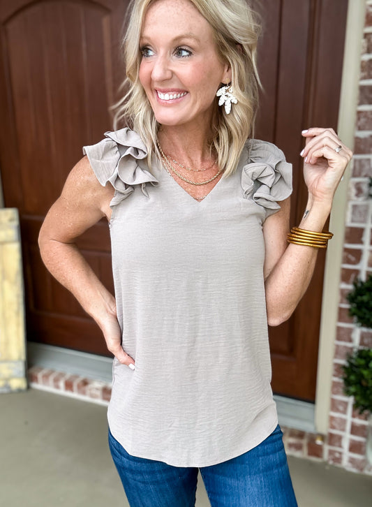 Airflow Ruffle Shoulder Blouse -- Taupe