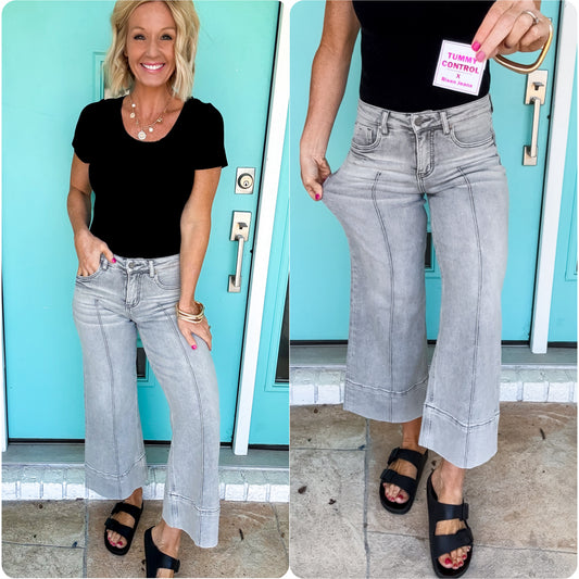 Polished Pintuck Cropped Jeans -- GRAY WASH