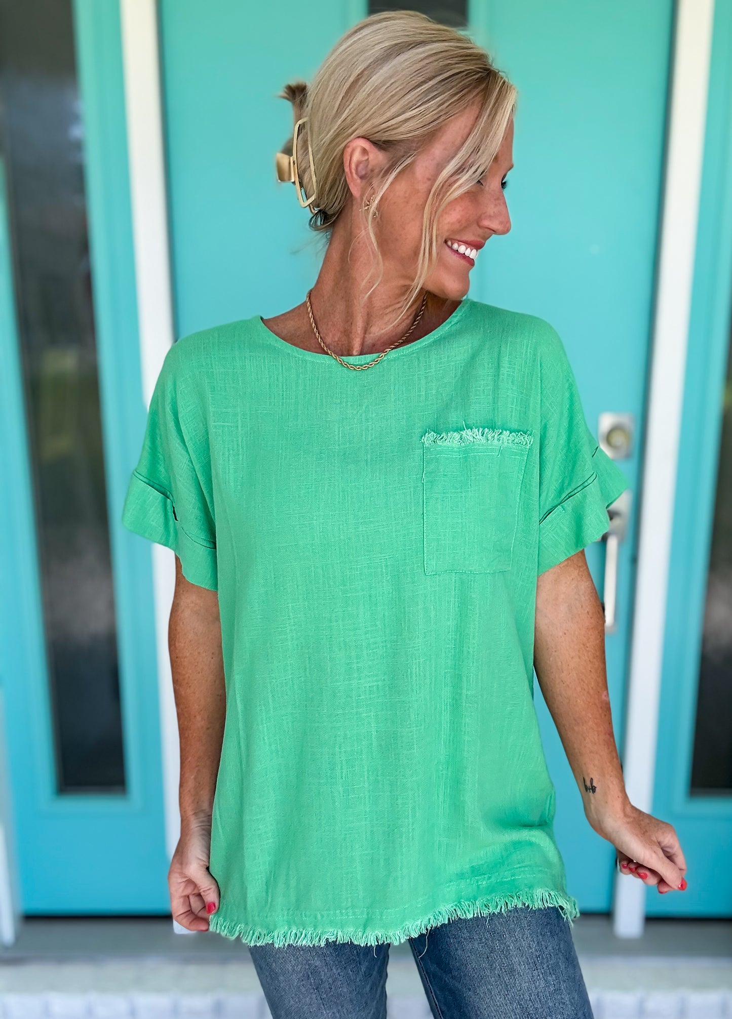 Worlds Spinning Frayed Hem Top by Umgee