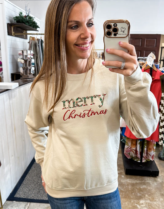 Floral Merry Christmas Embroidered Sweatshirt