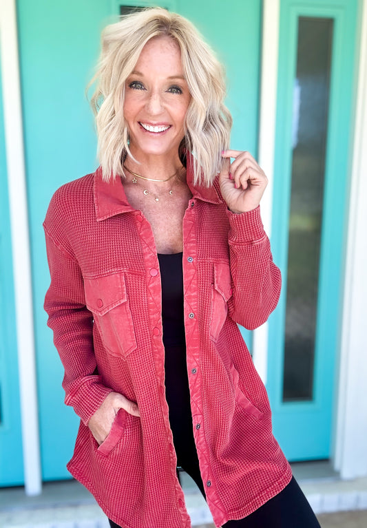 Abby Acid Wash Shacket --- Red