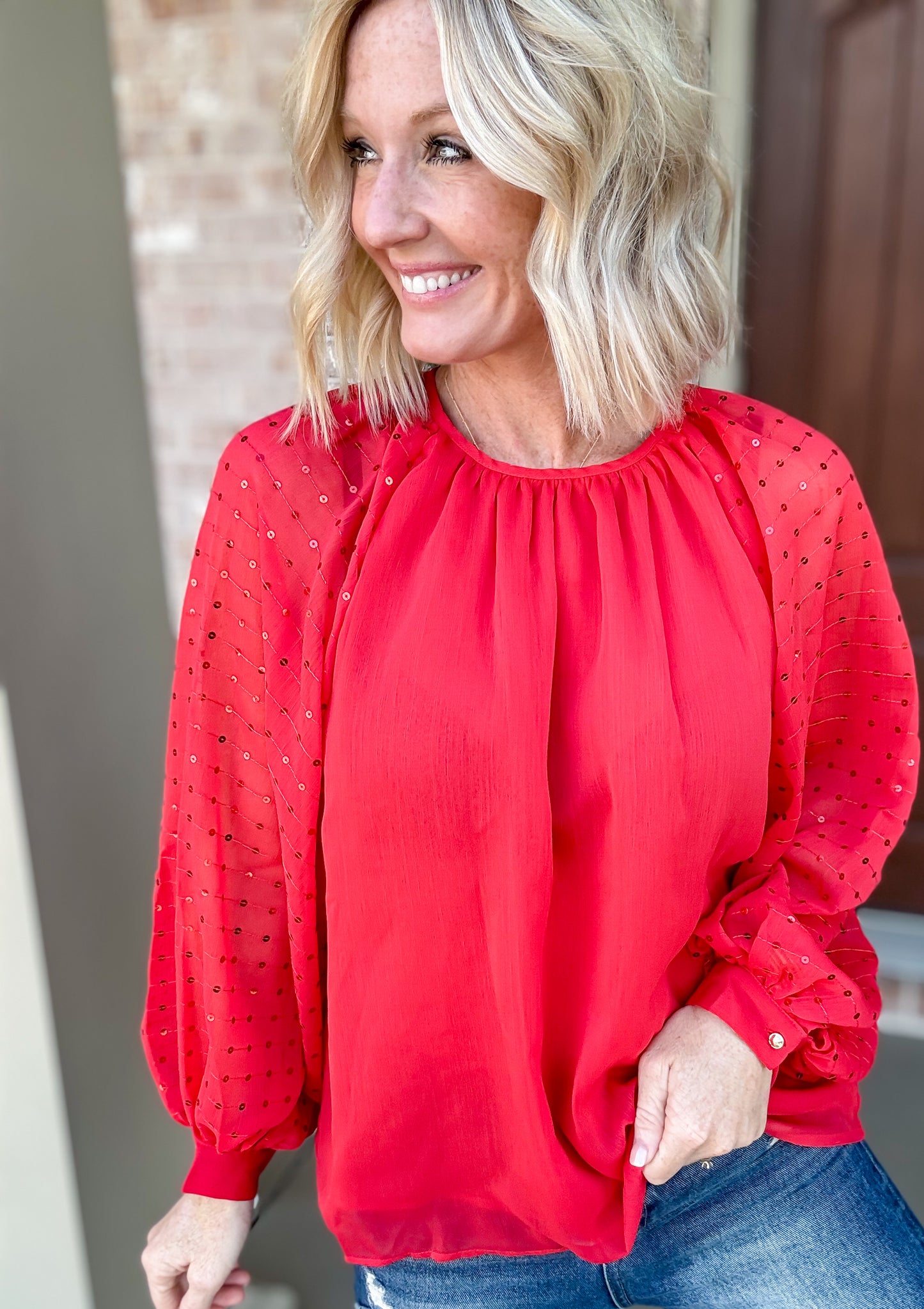 Festive Flare Chiffon Blouse in Red