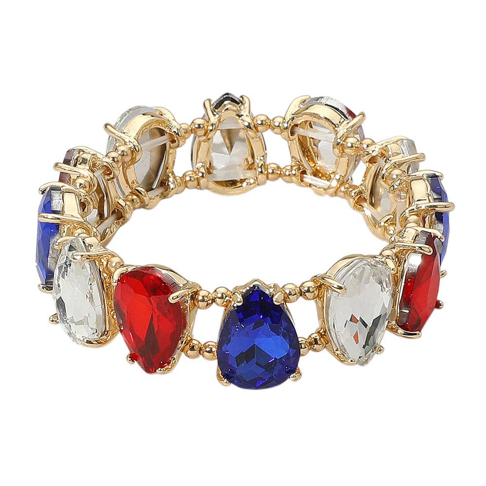 American USA Teardrop Glass Stone Cluster Stretch Evening Bracelet
