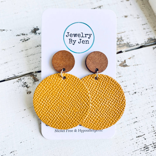 Wood Stud Earring: Mustard Saffiano