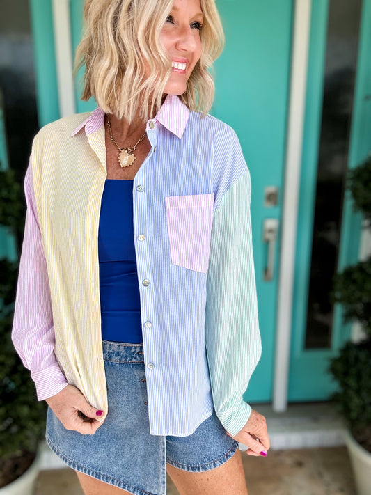 Boardwalk Stripe Button Up Top