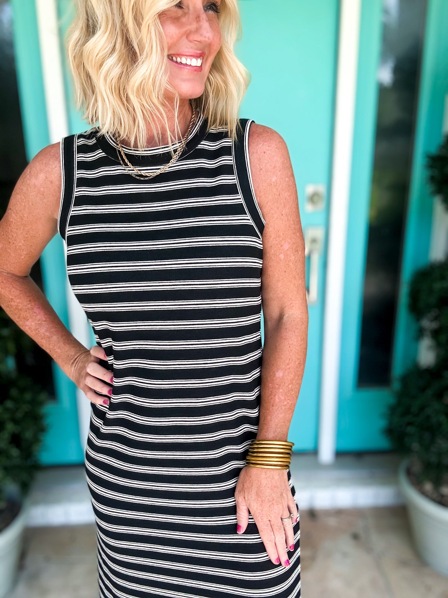 Chic Stripe Button Back Midi Dress
