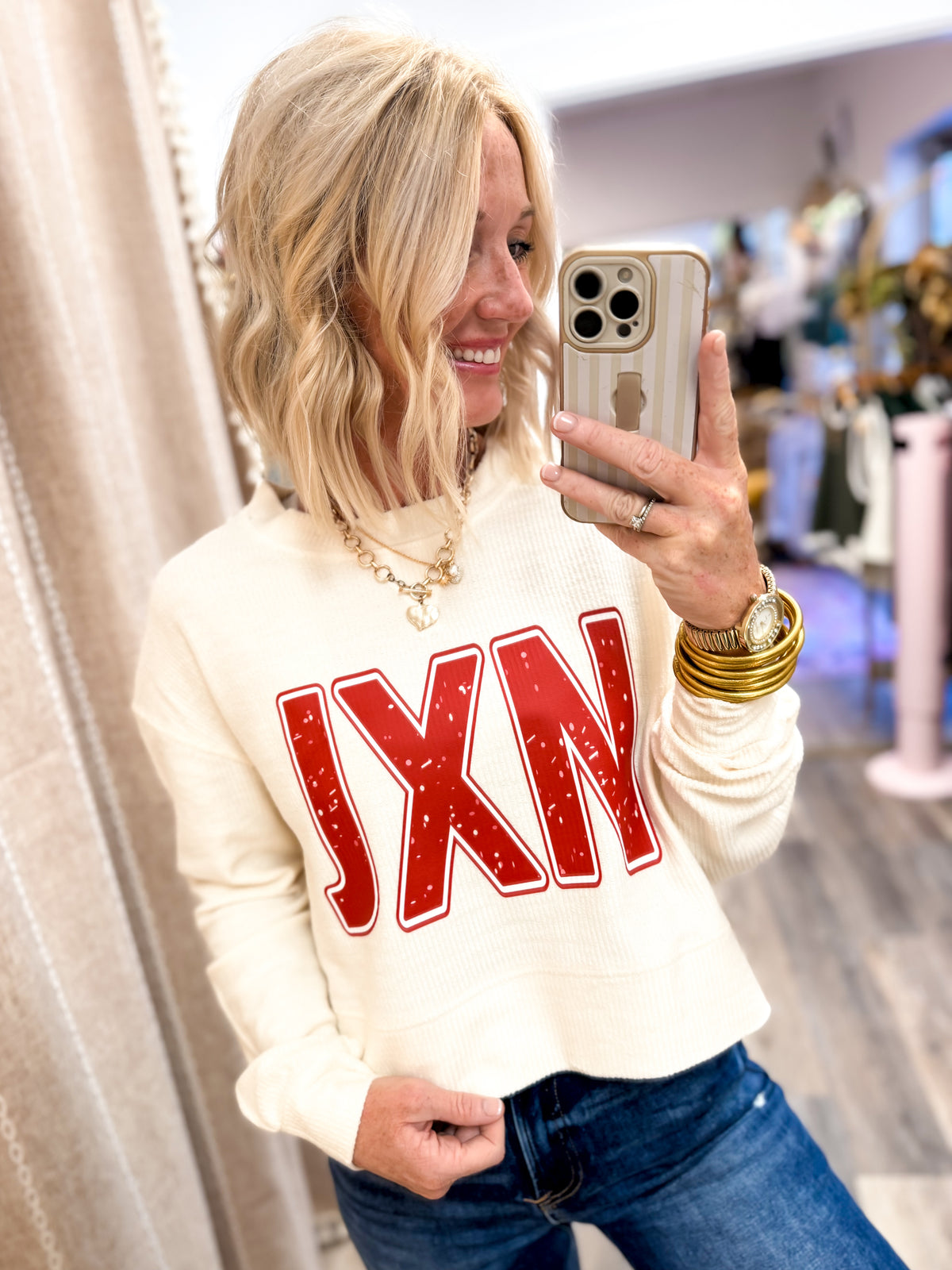 JXN Cream Cropped-ish Ribbed Pullover