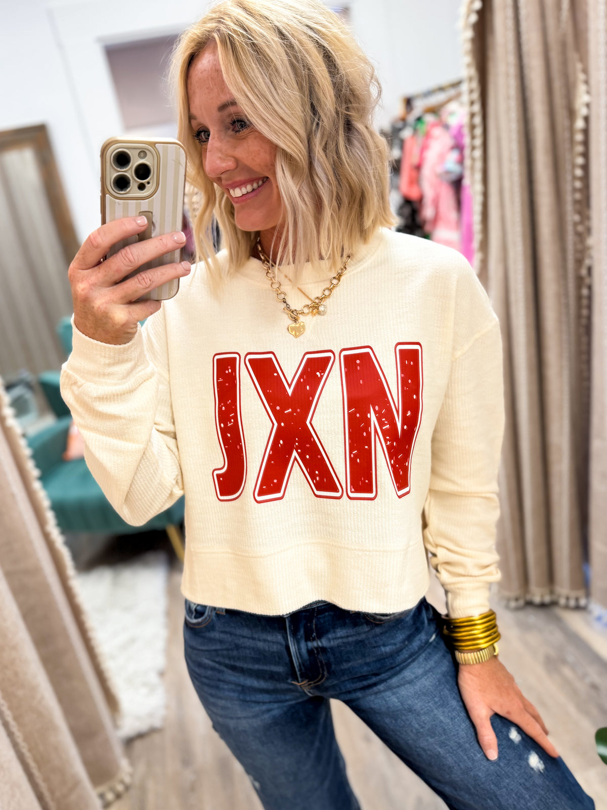 JXN Cream Cropped-ish Ribbed Pullover