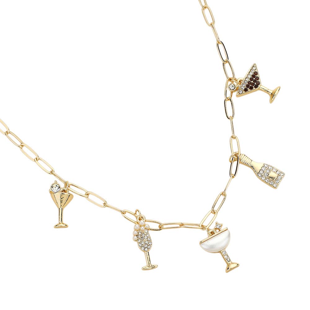 Stone Paved Cocktail Glass Bottle Charm Station Paperclip Chain Necklace