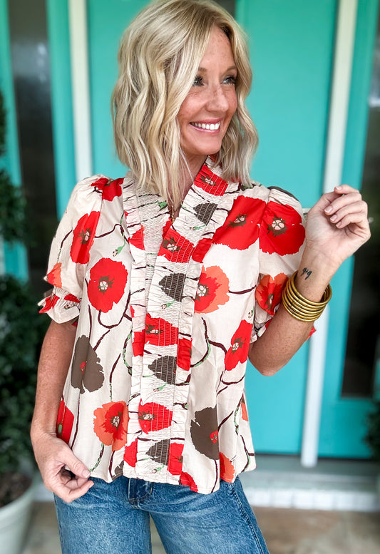Floral Bubble Sleeve Blouse