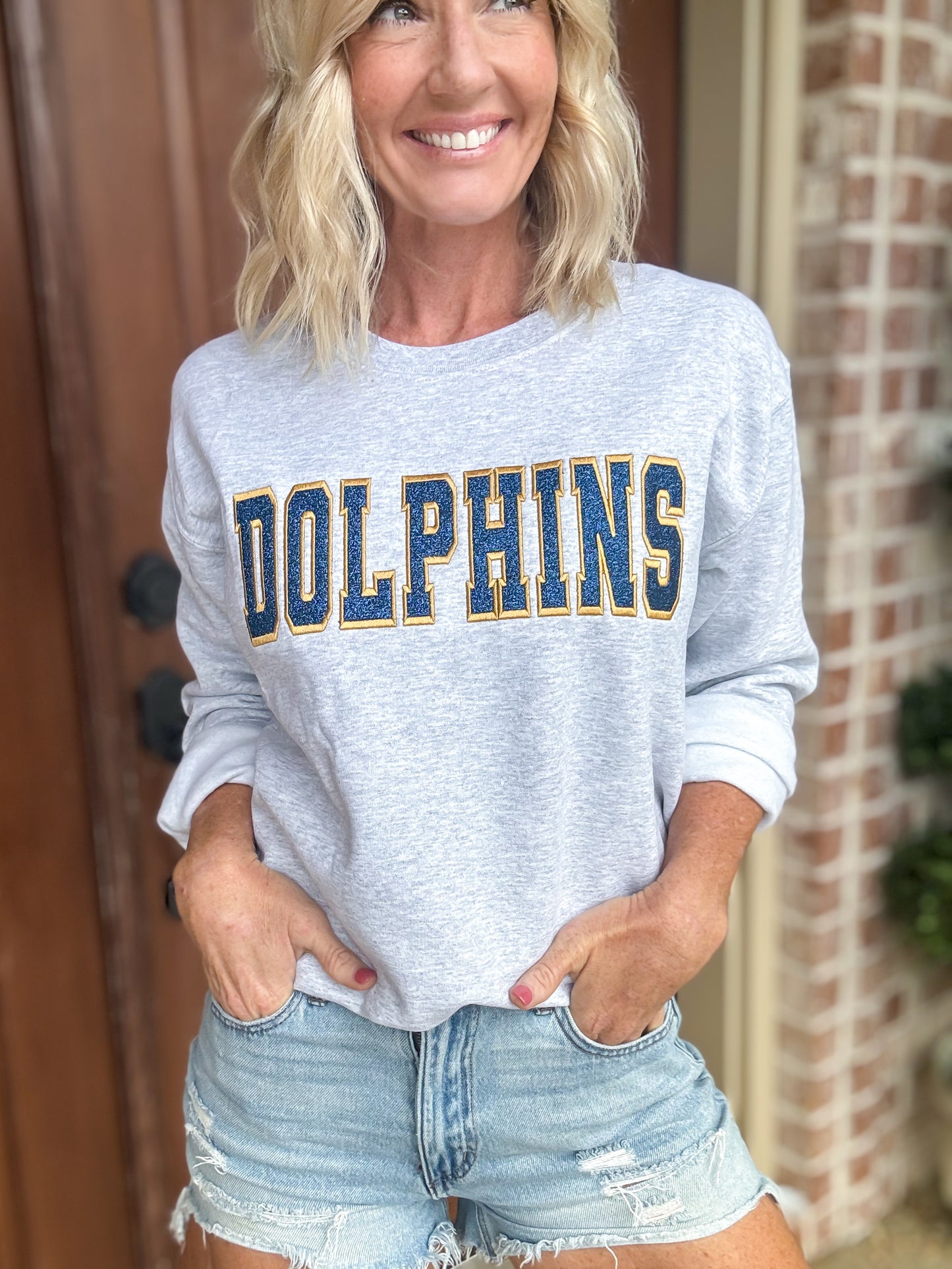 Dolphins Glitter Embroidered Patch Sweatshirt