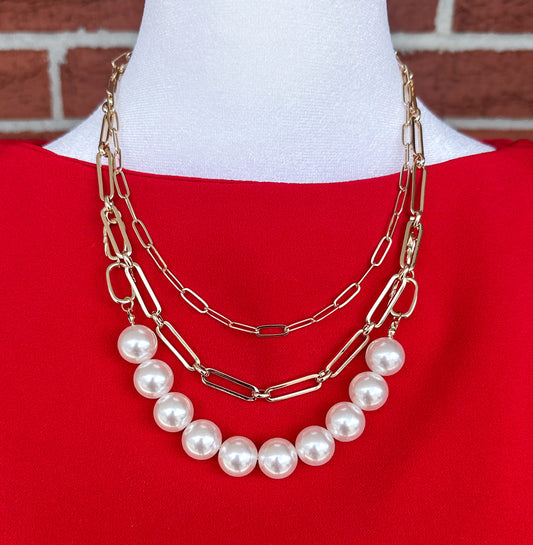 Triple Layered Paper Clip Pearl Necklace