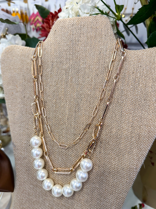 Triple Layered Paper Clip Pearl Necklace