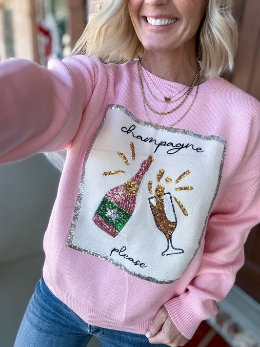 Champagne Bottle Sequined Embroidered Sweater