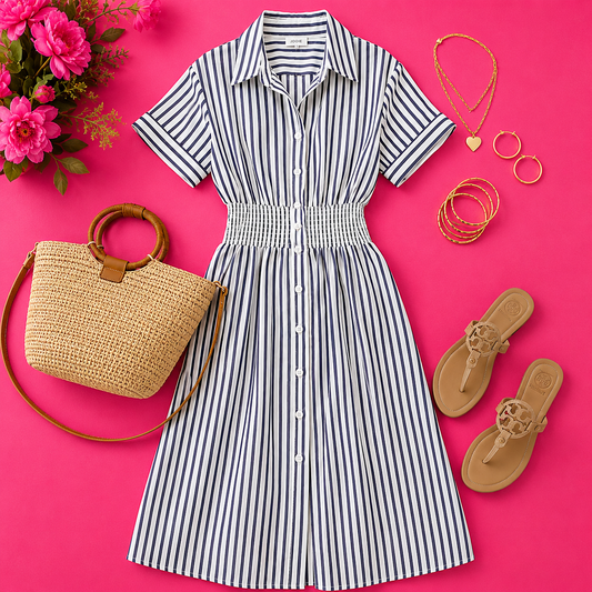 Harbor Stripe Smocked Midi Dress